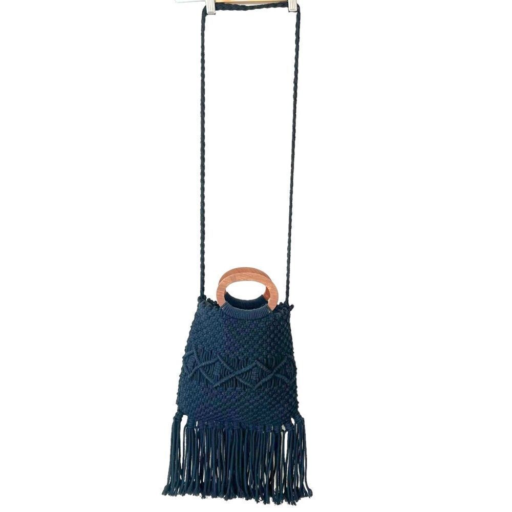 Danielle Nicole Macrame Handbag Black Fringe - image 4